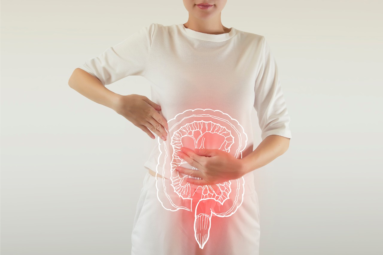 Digital composite of highlighted red painful intestine of woman / health care & medicine concept